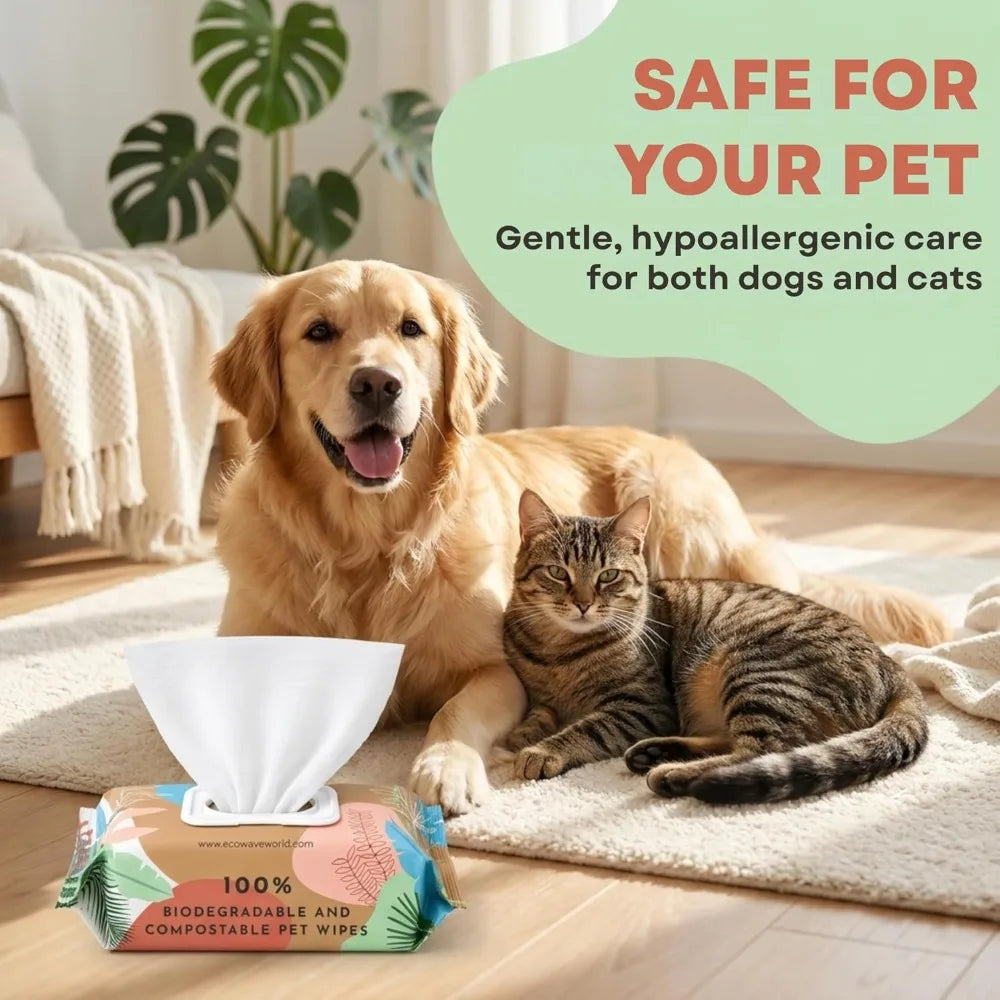 Plant-Based Pet Wipes, Hypoallergenic Dog & Cat Grooming Wipes for Face, Paws, Body, Unscented, Compostable, 100 Count