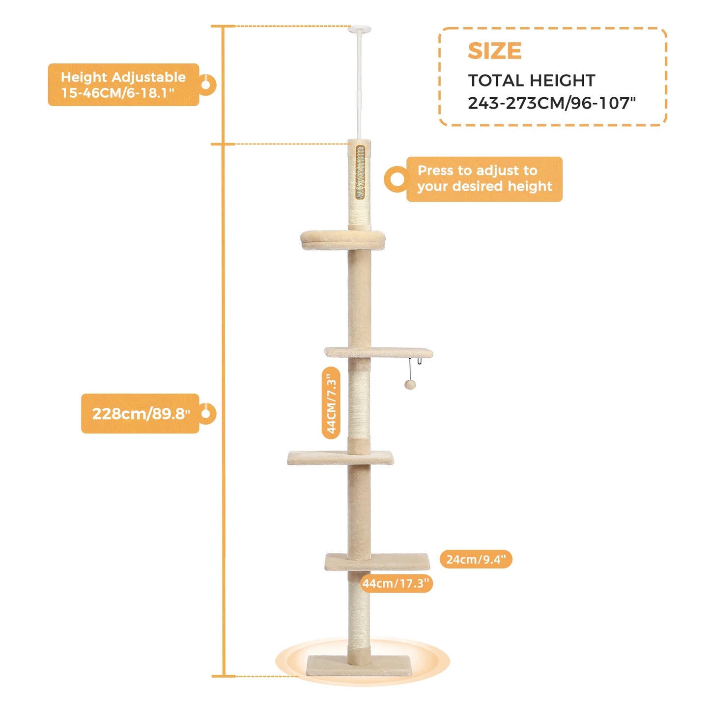 Adjustable Floor-to-Ceiling Cat Tower with Scratching Posts
