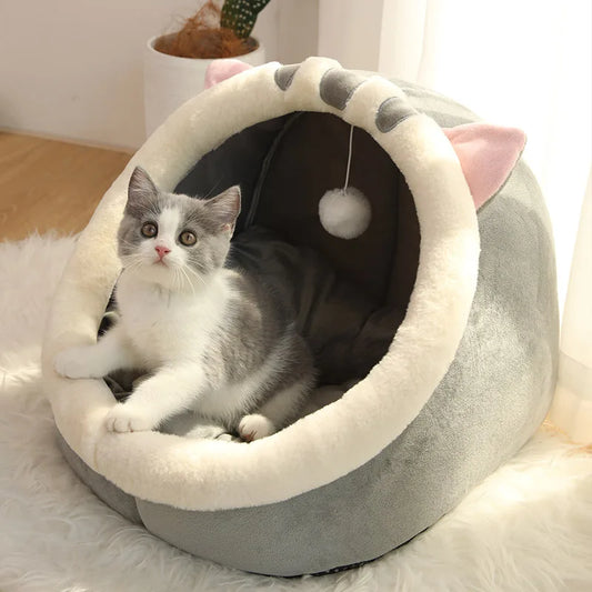 Deep Sleep Cartoon Cat Cave Bed, Foldable & Washable - front view
