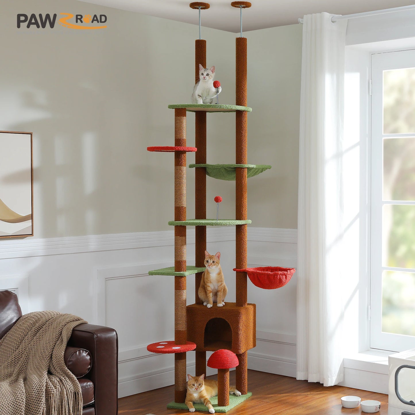 Height-Adjustable Wooden Cat Tree with Hammock & Sisal Posts