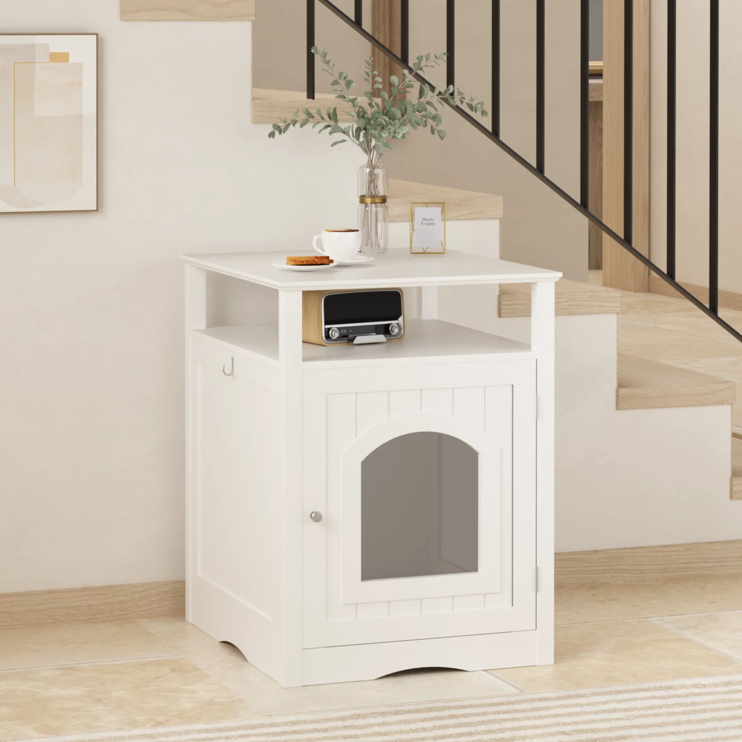 Hidden Cat Litter Box Enclosure Wooden Indoor Cat House Furniture Cabinet with Storage Shelf Modern Nightstand Side Table White