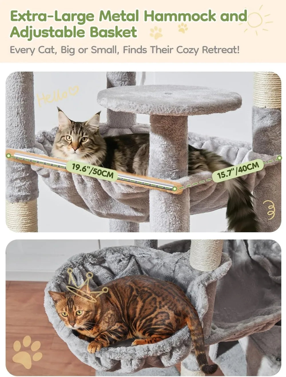 76-Inch XXL Cat Tree for Large Cats, Giant Tower with Scratching Board, Metal Hammock, 3 Perches, 7 Sisal Posts, 2 Condos, Light Gray