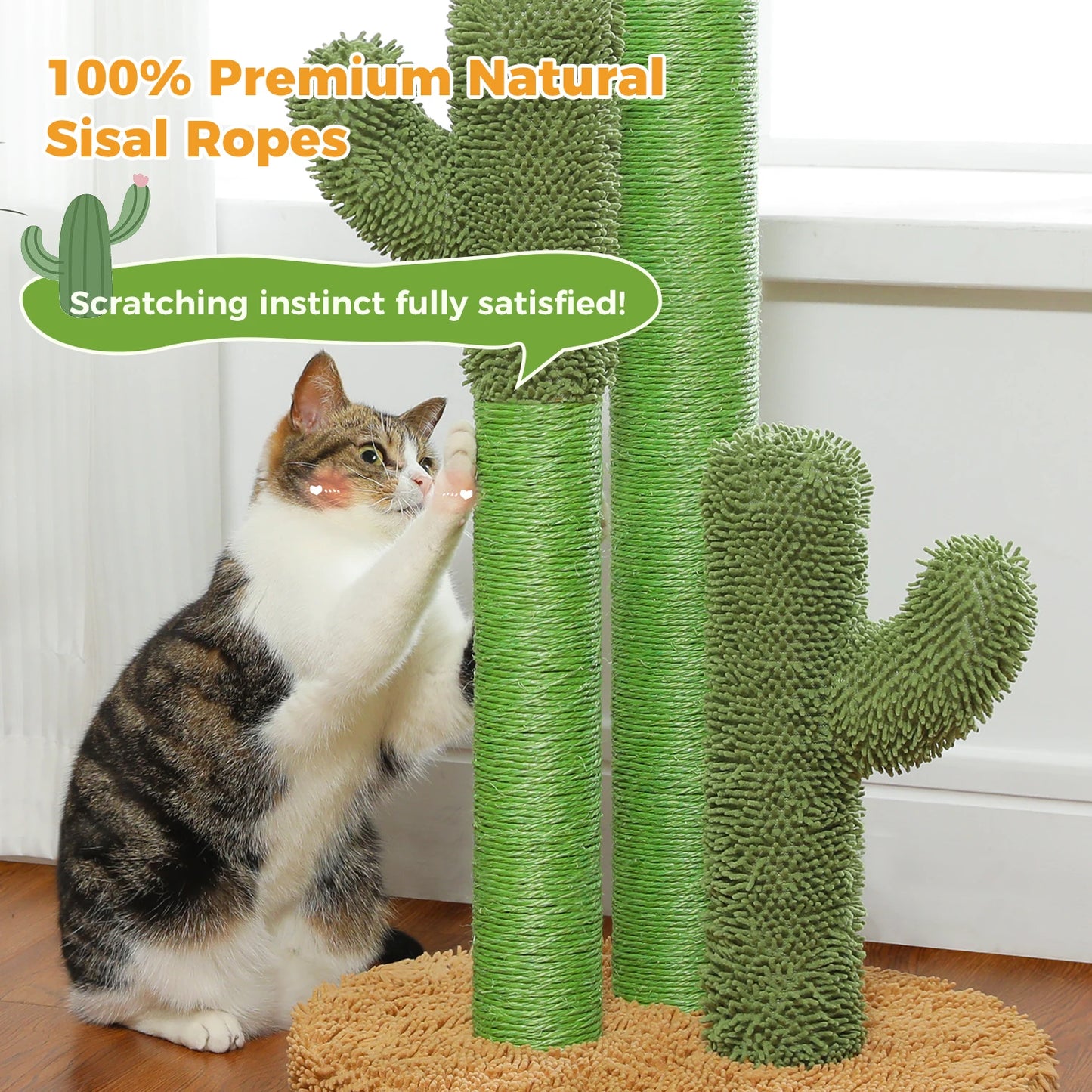Cactus Cat Scratching Post with 3 Sisal Poles & Dangling Ball