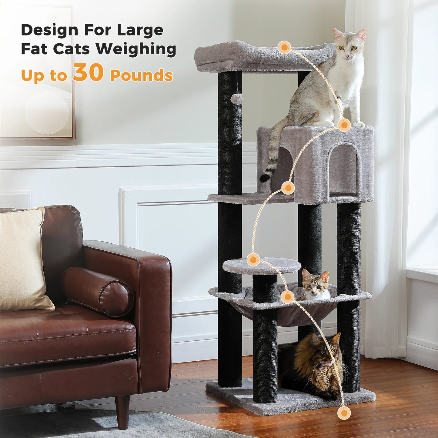 Heavy-Duty Large Cat Tree Tower with Condo, Hammock & Posts - front view