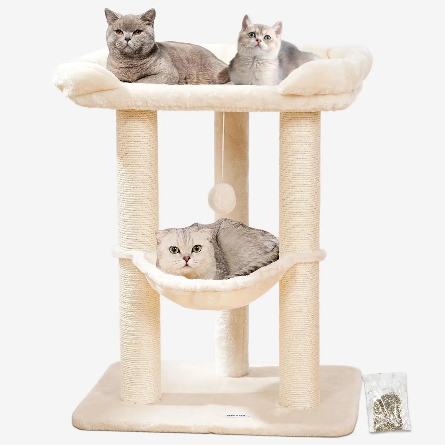 28" Cat Tree with Large Bed for Big Cats, Scratching Post & Hammock, Stable Design, Beige