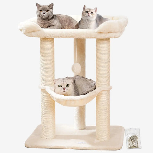 28" Cat Tree with Large Bed for Big Cats, Scratching Post & Hammock, Stable Design, Beige