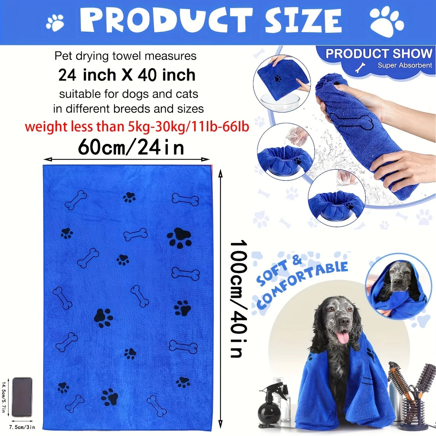 Single microfiber pet towel with powerful water absorption and quick-drying feature. Suitable for drying dogs after bathing, it can also be used as car wiping cloth, practical multi-functional daily pet supply.