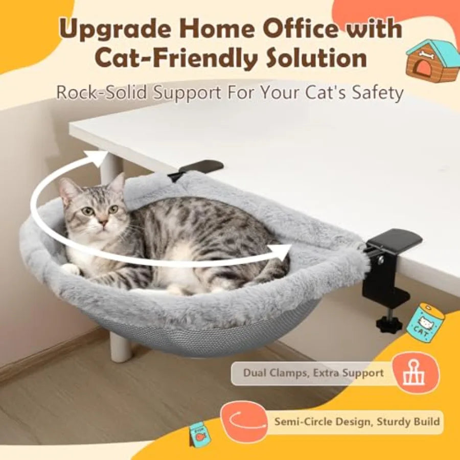 X- Cat Desk Bed 19"x15" Spacious Retreat, Dual Clamps and Sunken Hammock Design, Comfy Cat Desk Hammock with Faux Rabbit Fur Co