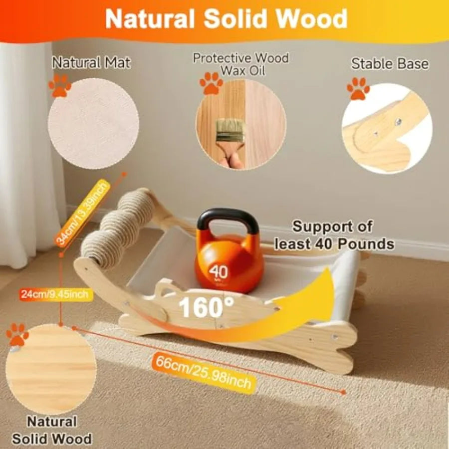 Cat Scratcher Bed, Heavy Duty Sisal Cat Scratching Post with Hammock for Indoor Cats, Natural Wood Cat Lounge for Sleeping and