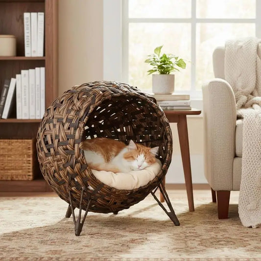 Rattan Cat House with Cushion Cat Sleeping Place Cat Cave with Raised Feet Brown Ø52 X 58 cm