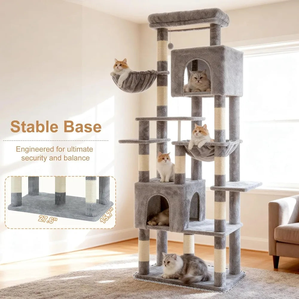 76" Cat Tree for Large Cats, Heavy Duty with Extra Wide Base, Multi-Level with 2 Condos & Hammocks, 10 Scratching Posts, Light Gray