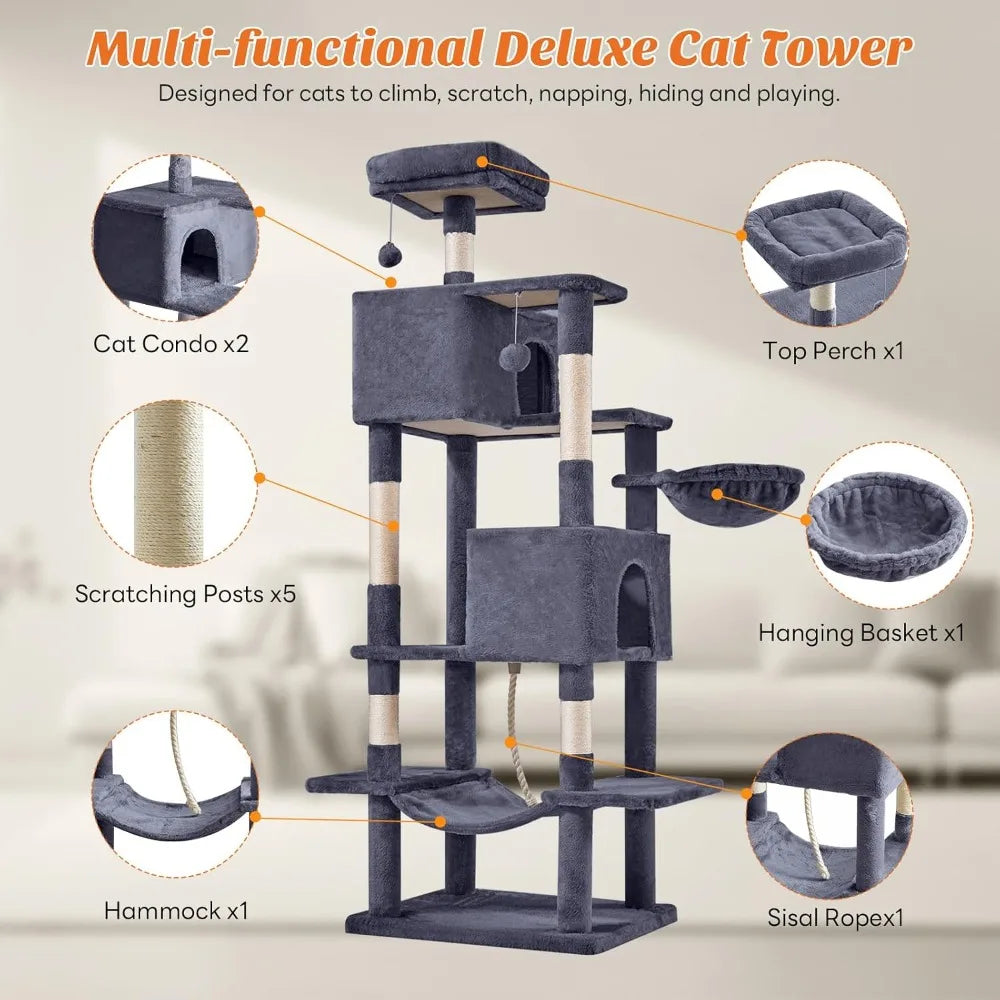 66 Inch Cat Tree Tower, Multi-Level Cat Climbing Tower with Sisal Scratching Posts, Hammock, Pet Condo for Indoor Cats, Dark Grey