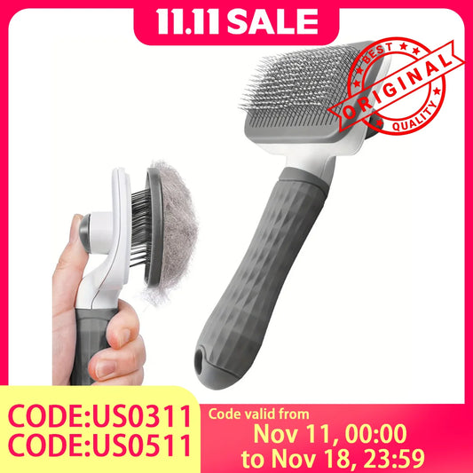 2-in-1 Pet Grooming Brush with Self-Cleaning Deshedder - front view