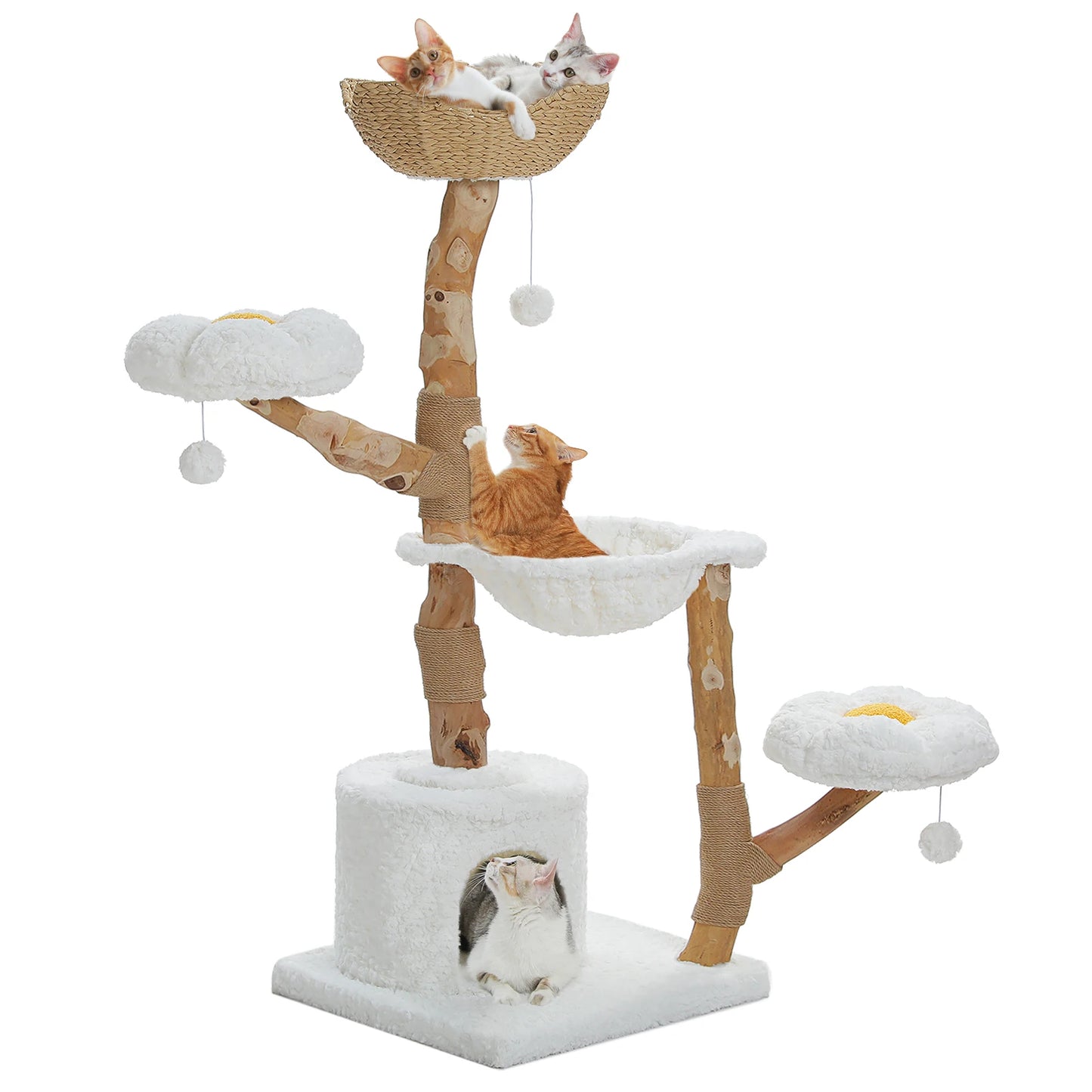 Large Modern Cat Tree Tower with Sisal Posts & Wicker Basket Bed