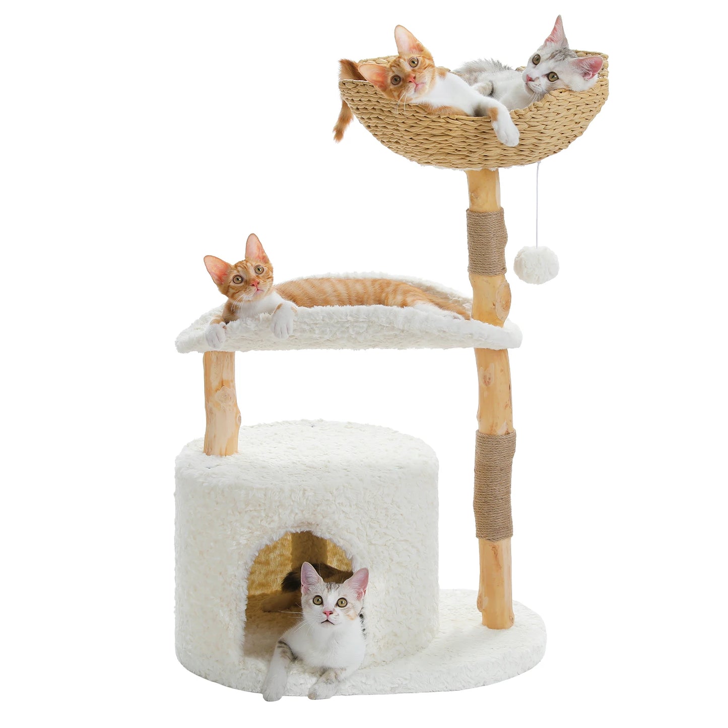 Modern Solid Wood Cat Tree with Wicker Basket & Condo