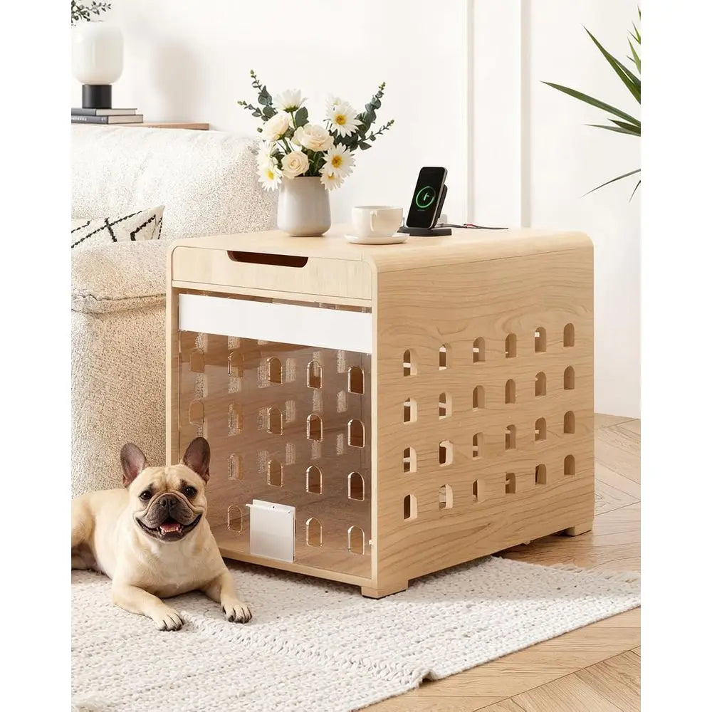 Medium Dog Crate Furniture with Charging Station, Indoor Oak Wood Kennel for Small to Medium Breeds up to 50lb