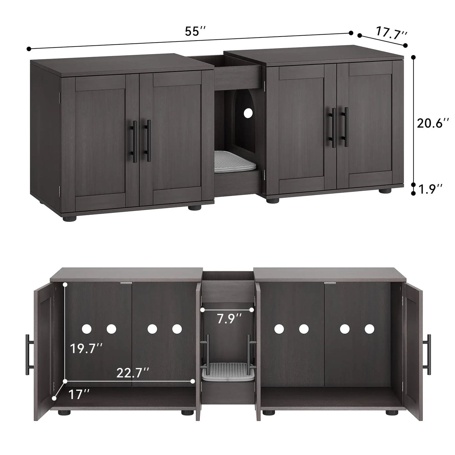 Cat Litter Box Enclosure for 2 Cats, 55" Hiddden Litter Box Enclosure Furniture 3-in-1 Wooden Litter Cabinet with Barn Door & Do