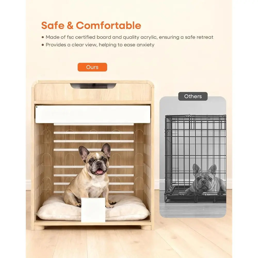Medium Dog Crate Furniture with Charging Station, Indoor Oak Wood Kennel for Small to Medium Breeds up to 50lb