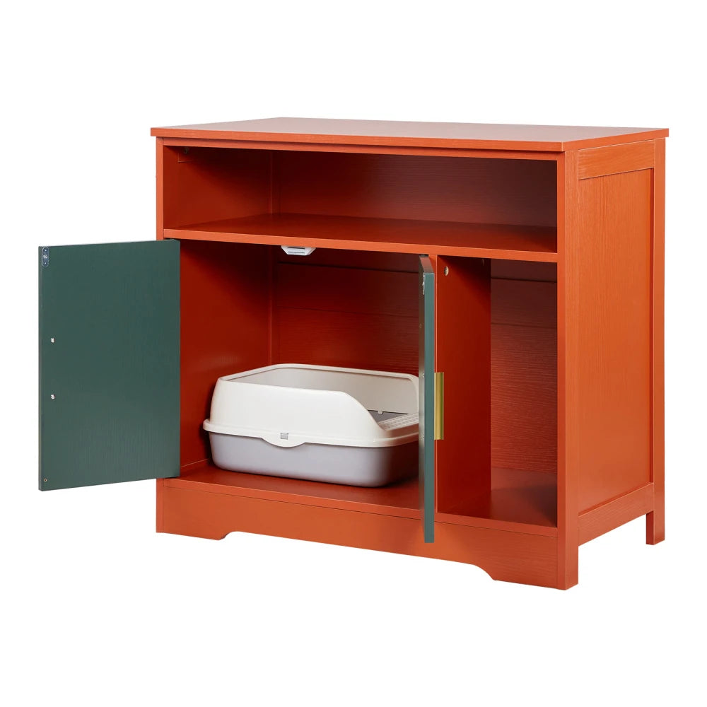 Ye Cat Litter Box Enclosure: 31 in Hidden Cabinet with Shelf & Storage, Modern Indoor Cat Washroom, Wooden Kitty House Furniture End Table, Fits Most Litterboxes, Red & Green