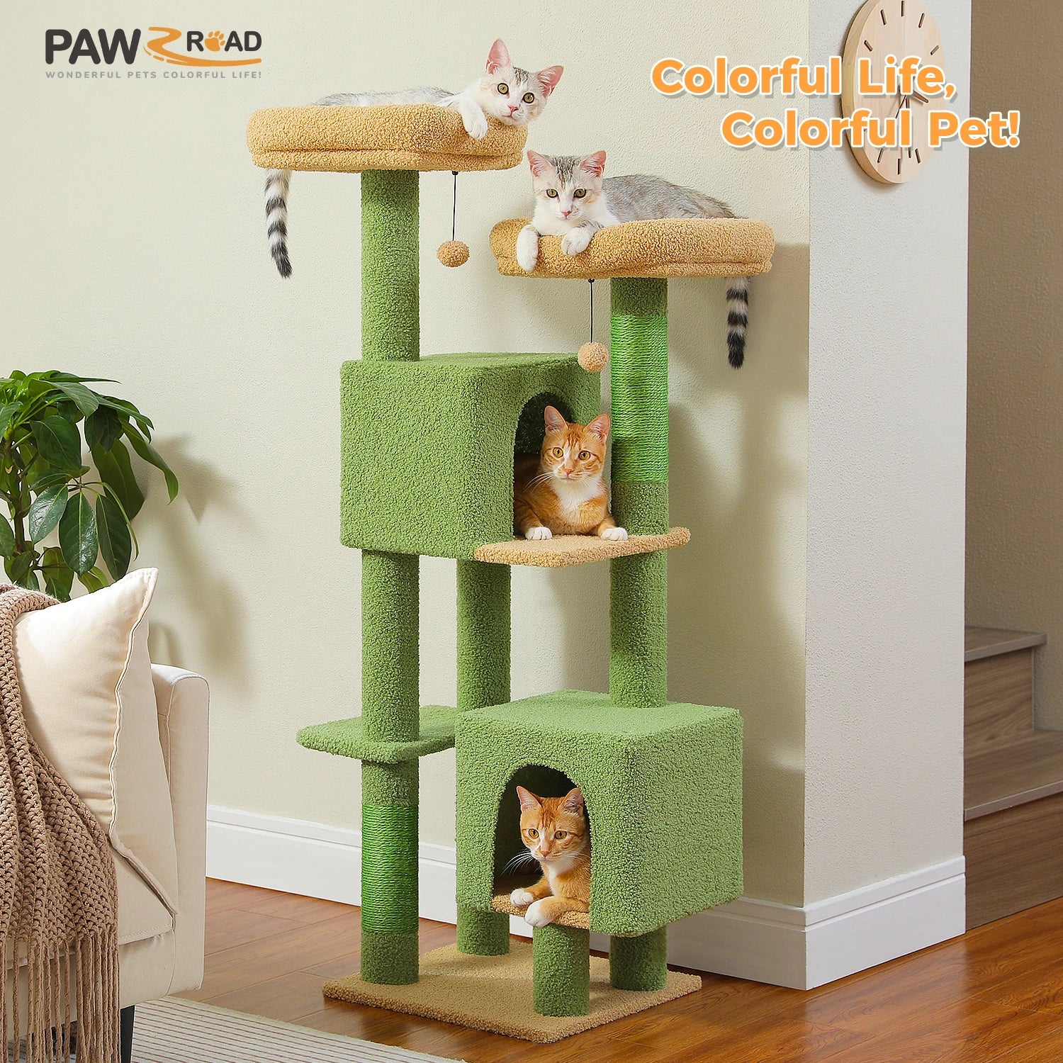 Cactus Cat Tree 133cm with Perches, Condos & Scratching Posts - front view
