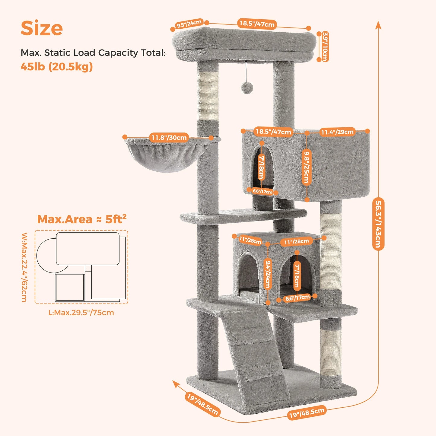 Cat Tree Tower with Condo, Plush Perch, Hammock & Sisal Posts