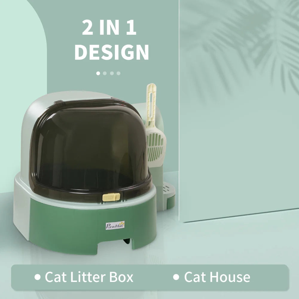 PawHut Cat Litter Box with Lid, Covered, Easy to Clean & Open, Including Openable Front Cover, Litter Scoop, Green