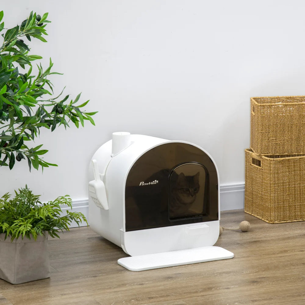 PawHut 17" x 17" x 18.5" White Covered Cat Litter Box with Lid, Tray, Scoop and Filter for Indoor Cats