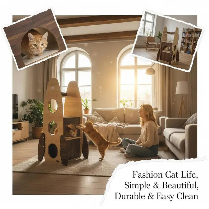 Rocket Cat Tree 47 Inch Large Wooden Cat Tower for Indoor Cats-Natural