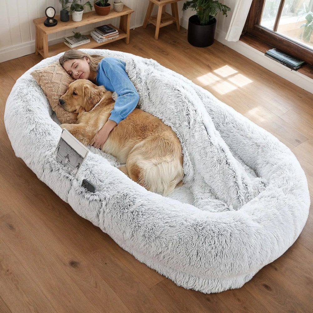 Ye Human Dog Bed, Washable Faux Fur, Orthopedic for Dozing & Napping, 71''x45''x14'' Fits You & Pets (Grey), Blankets & Pillows Not Included