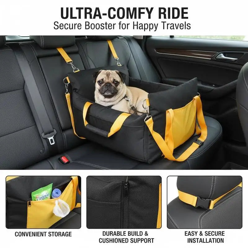 Dog car seat, dog booster seat with side handles and storage bag, attachable safety leash and PP cotton filling, dog car bed for small dogs up to 25 lbs, black