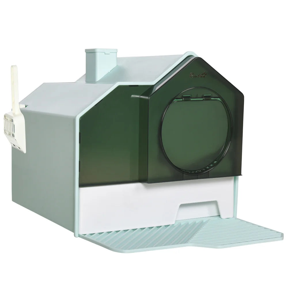 PawHut Hooded Cat Litter Box with Kitty Litter Mat, Odor Control, Easy-Clean Pull-Out Drawer, Handle, Scoop, Light Blue