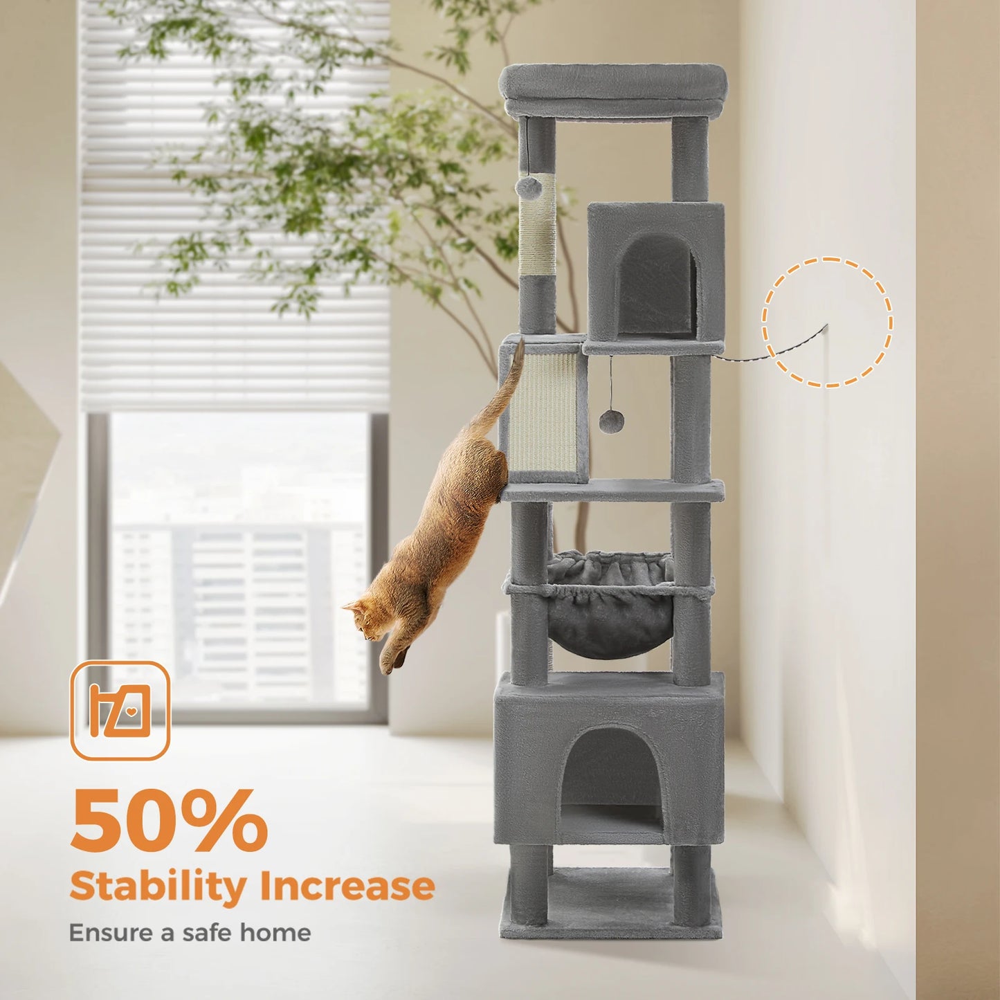 Tall Multi-Level Cat Tower for Large Cats with 2 Condos & Bed