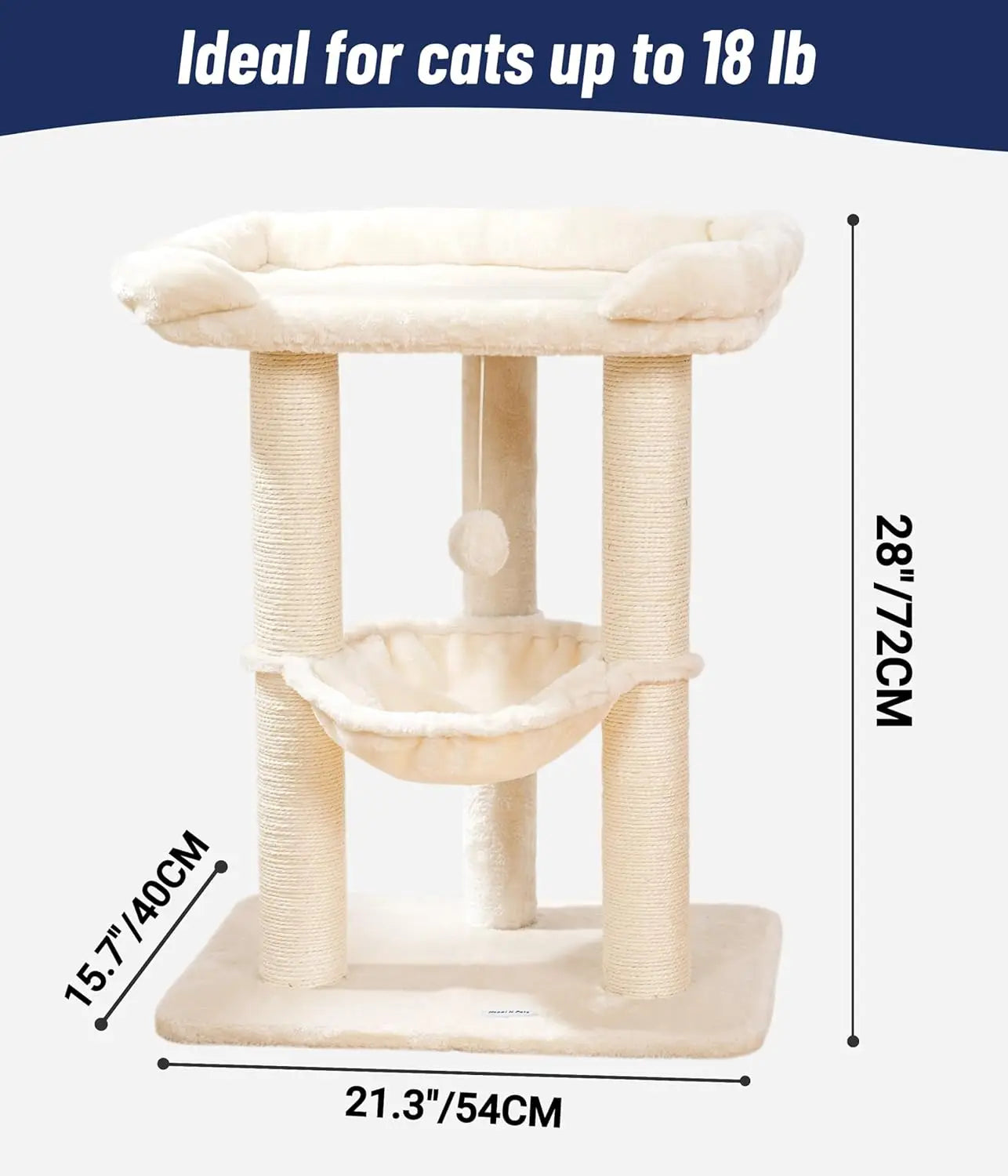 28" Cat Tree with Large Bed for Big Cats, Scratching Post & Hammock, Stable Design, Beige