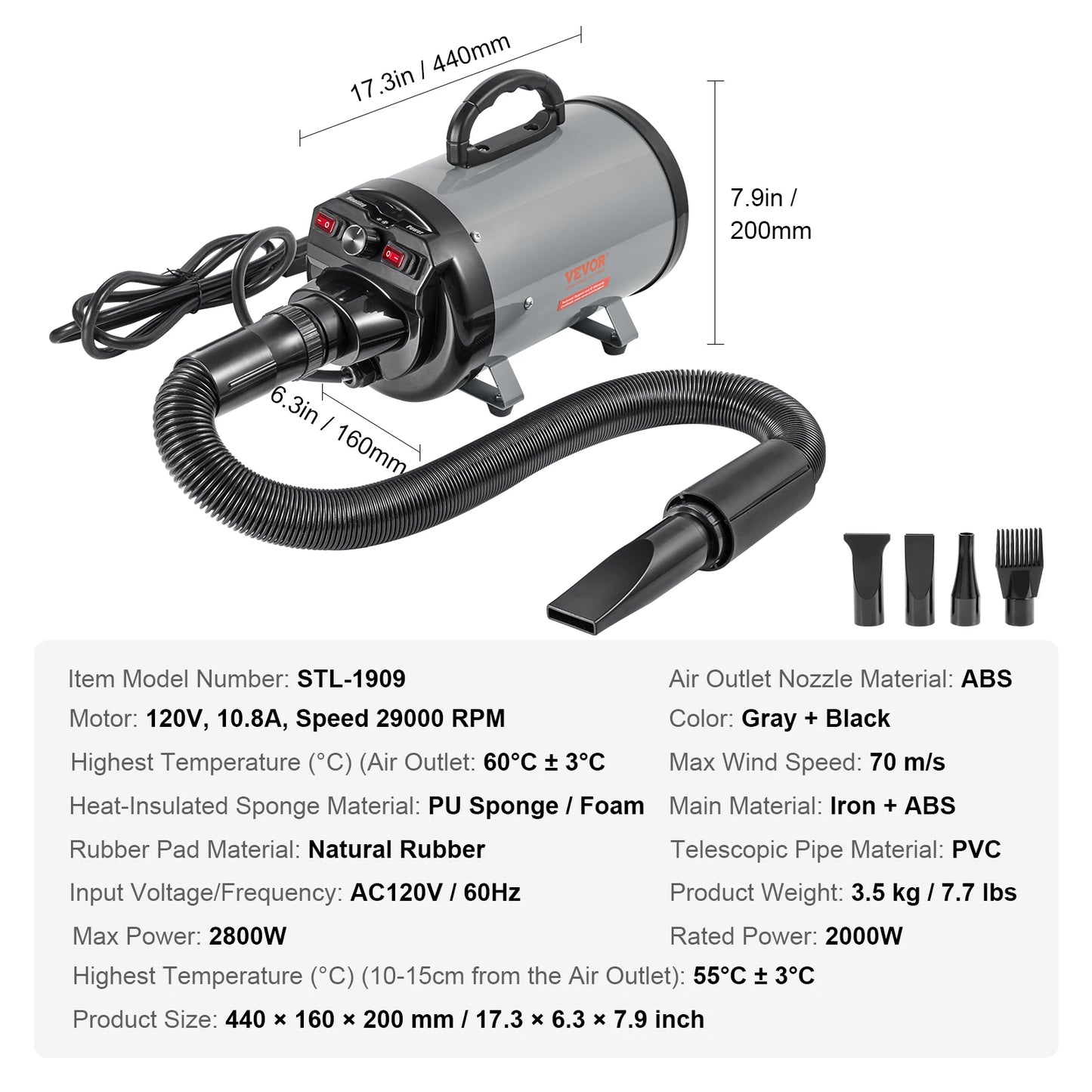 2000W Dog Blow Dryer with Adjustable Speed, Heat & 4 Nozzles