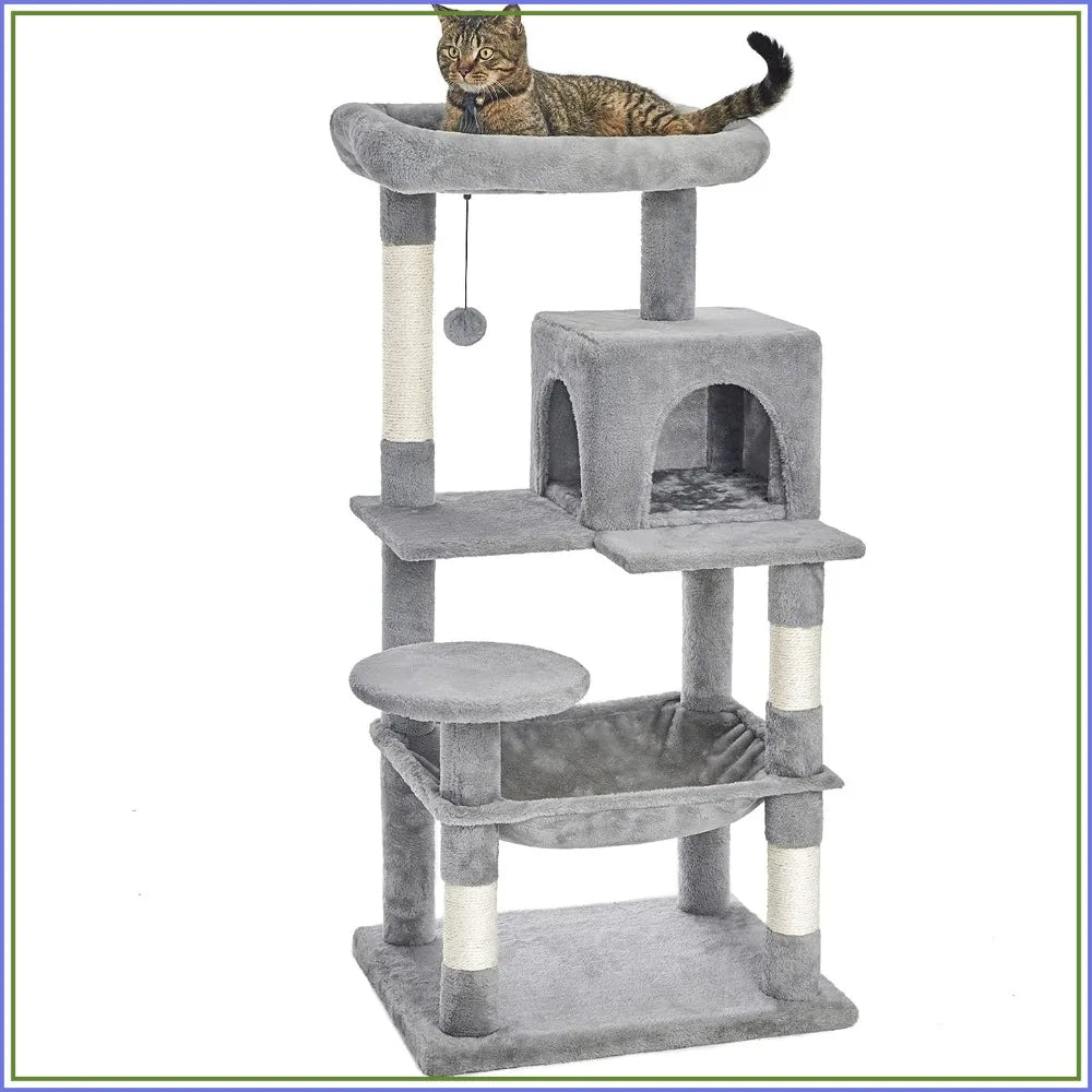 46.5" Multi-Level Cat Tree with Sisal Posts, Plush Perches, Hammock & Condo, Light Gray