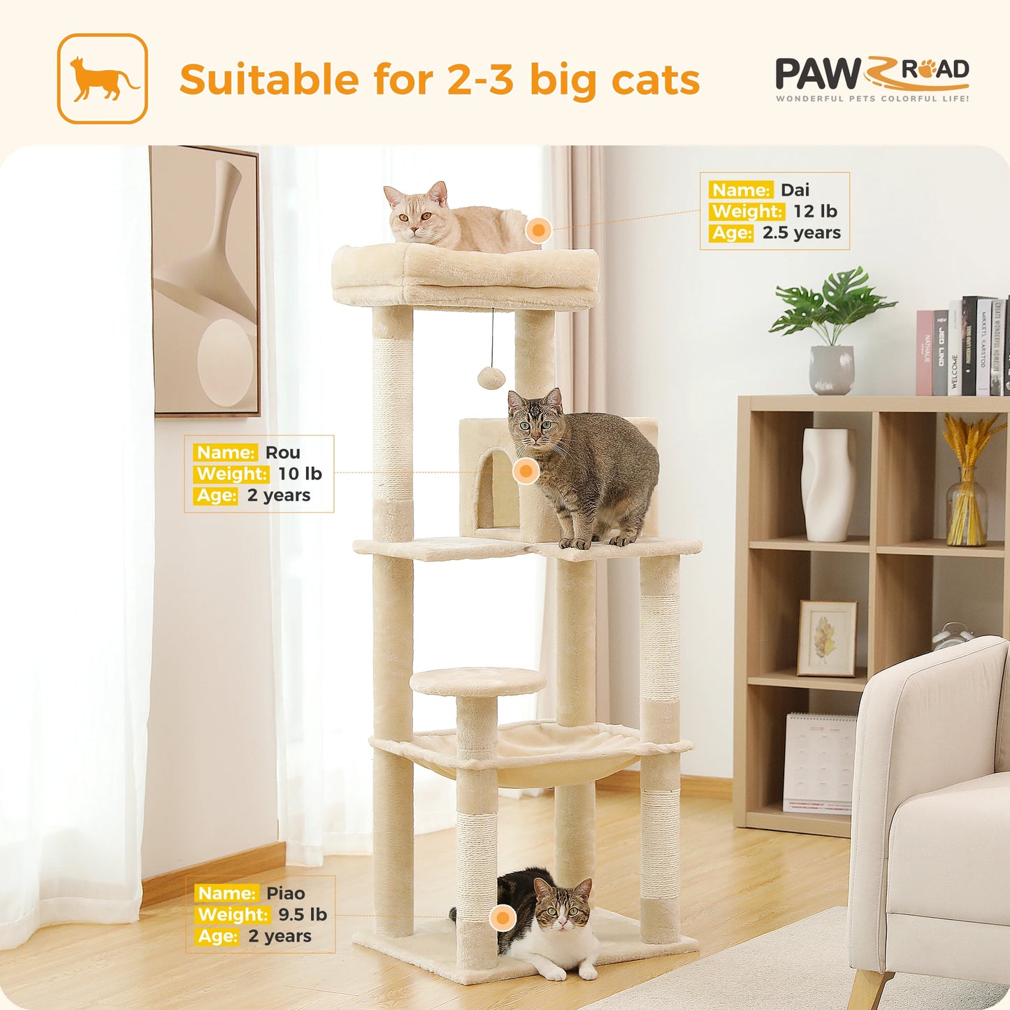 5-Level Cat Tower with Hammock & Sisal Scratching Posts