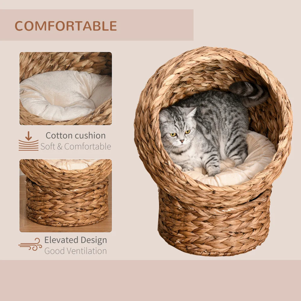 PawHut Handwoven Elevated Cat Bed with Soft Cushion, Egg Chair Shape, Stand, 23.5" H, Brown for Indoor Cats