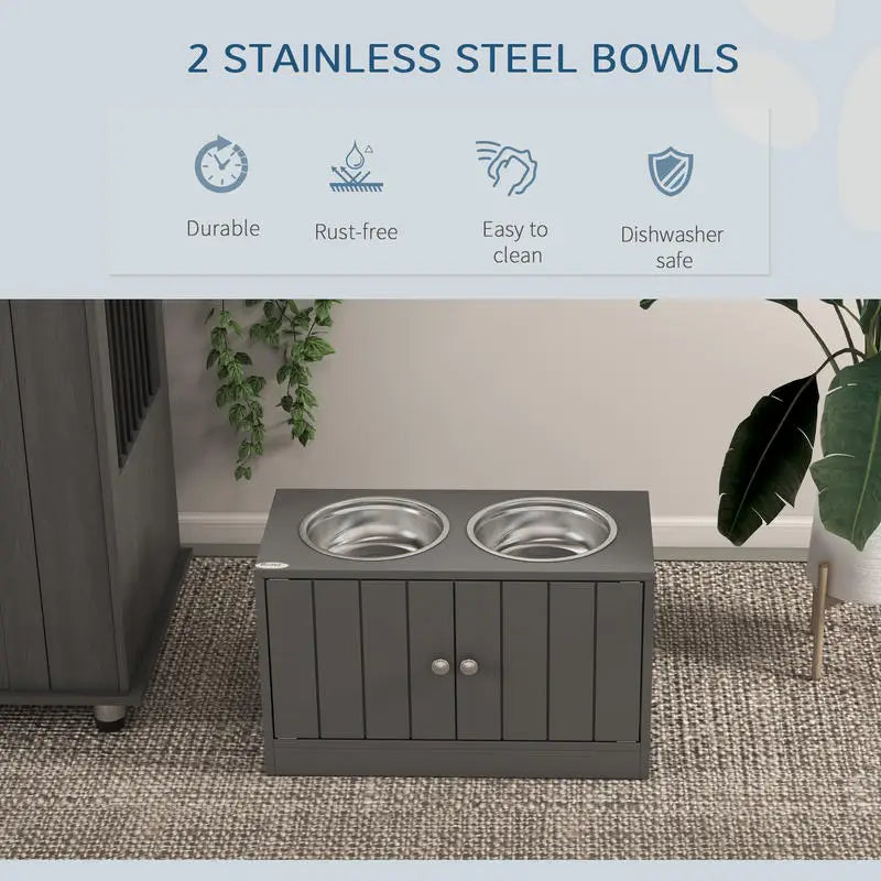 PawHut Elevated Dog Bowls with Storage Cabinet Containing Large 44L Capacity, Gray