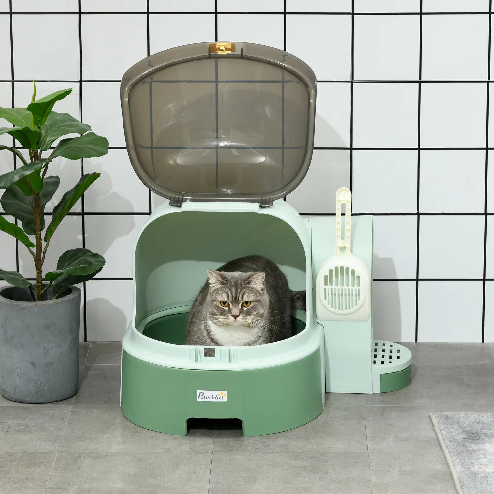 PawHut Cat Litter Box with Lid, Covered, Easy to Clean & Open, Including Openable Front Cover, Litter Scoop, Green