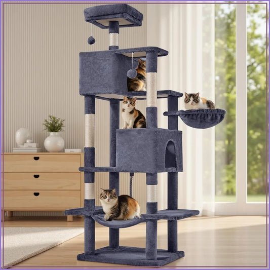 66 Inch Cat Tree Tower, Multi-Level Cat Climbing Tower with Sisal Scratching Posts, Hammock, Pet Condo for Indoor Cats, Dark Grey