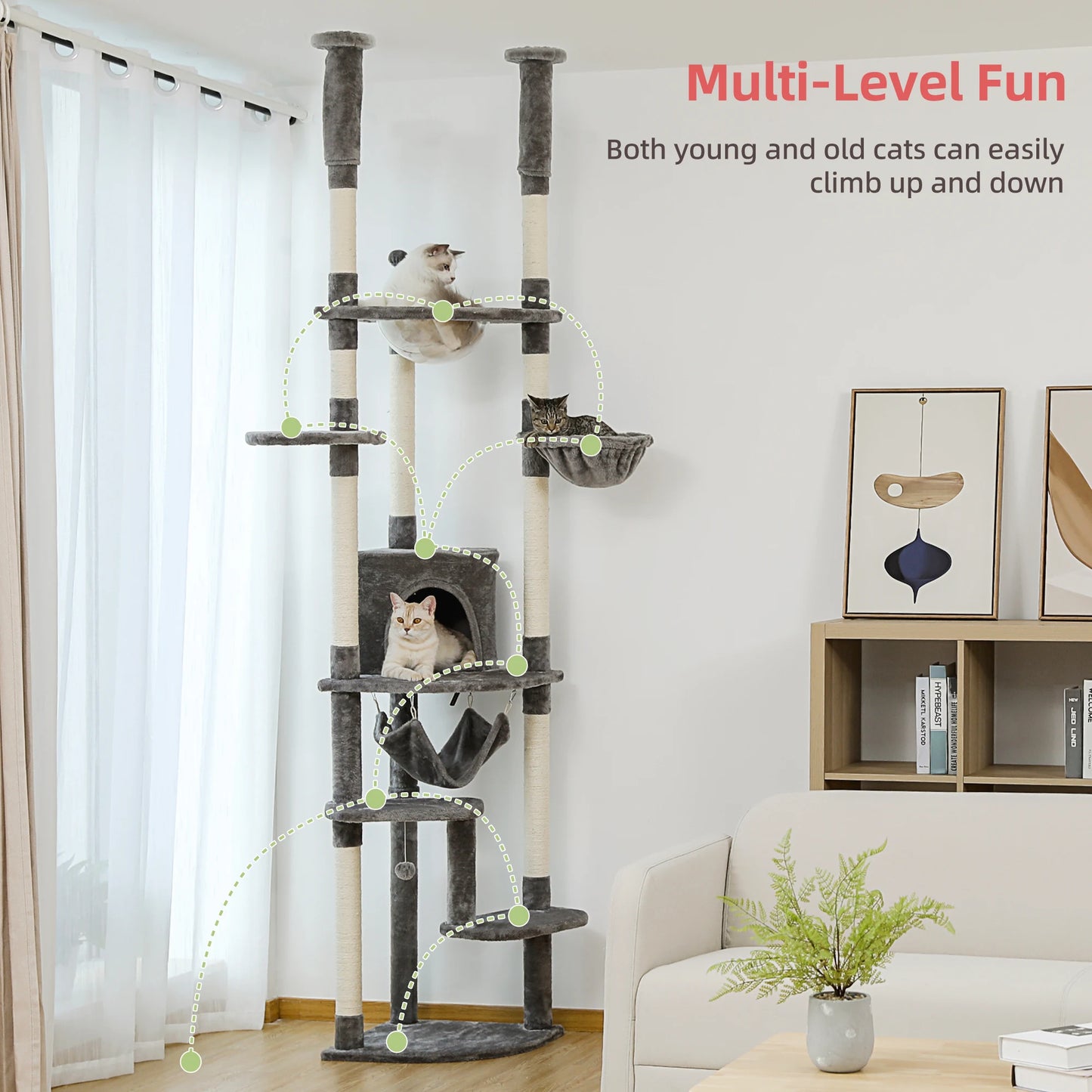 Floor-to-Ceiling Cat Tree with Condo, Hammock & Scratching Posts