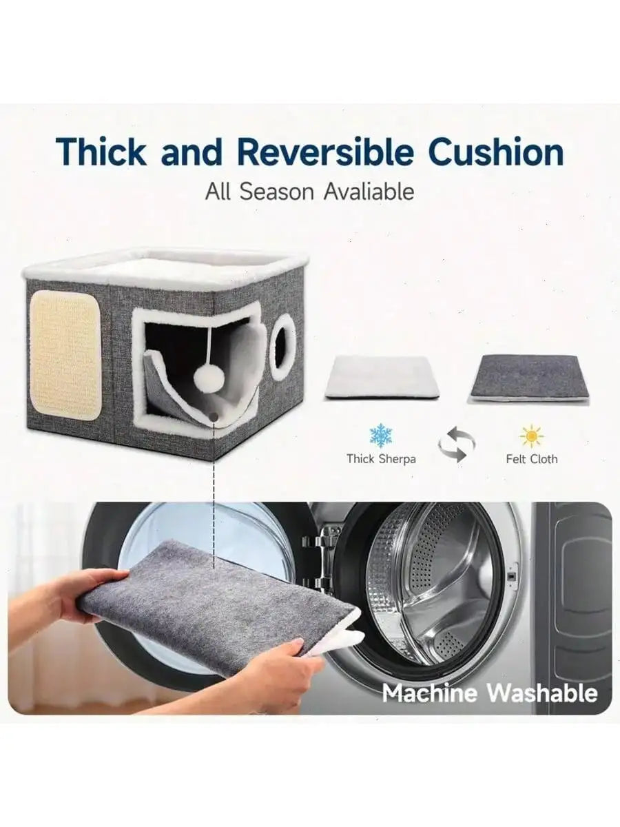 Foldable 4-Season Cat Play Cube with Bed & Tunnel