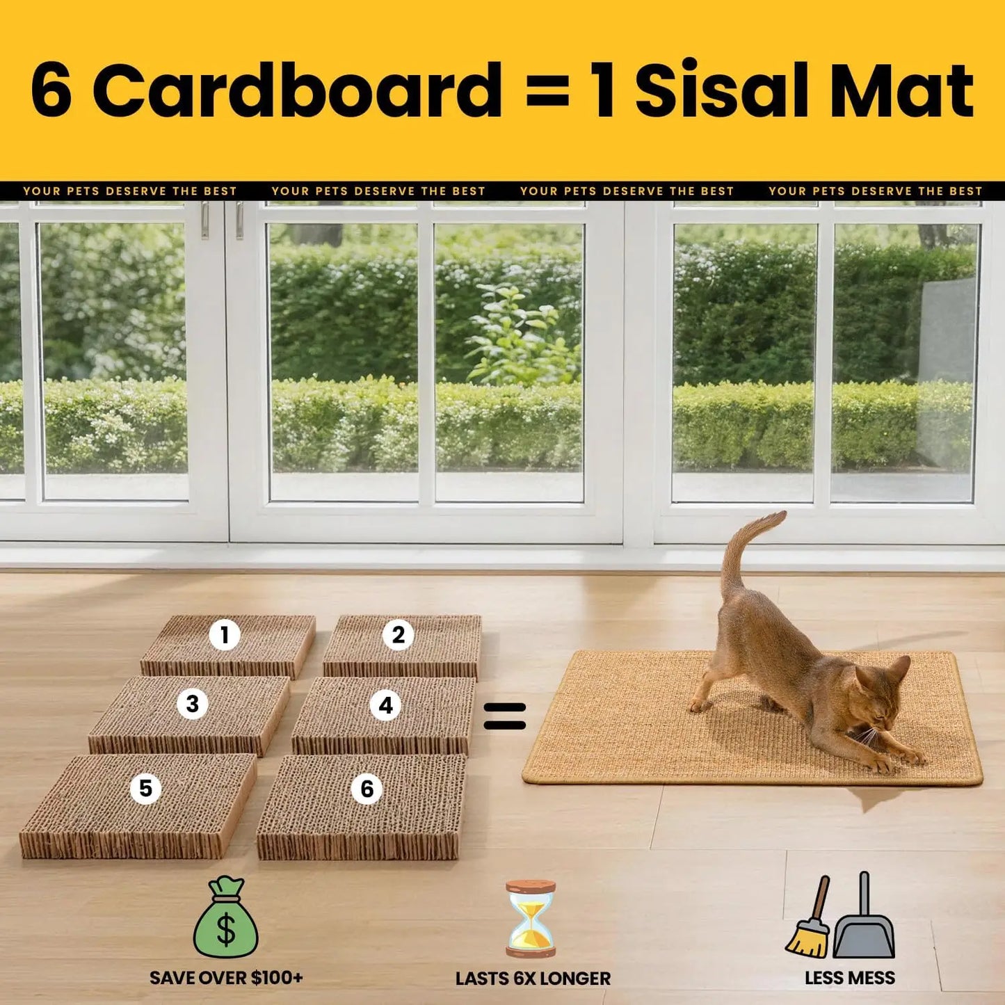 Sisal Cat Scratcher Mat, Wall Mounted Scratch Pad for Indoor Cats, Furniture Protector, Medium Brown