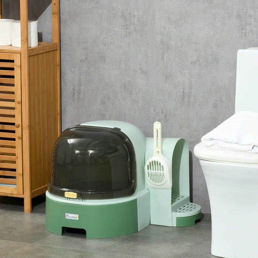 PawHut Cat Litter Box with Lid, Covered, Easy to Clean & Open, Including Openable Front Cover, Litter Scoop, Green