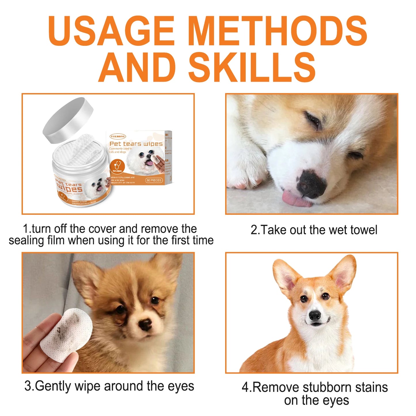 YEGBONG Pet Eye Wipe for Cats Dogs Remove Tear Marks Stain Cleaning Relieve Discomfort Deodorizing Eye Grooming Pets Wet Tissues