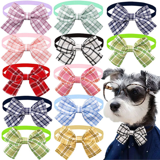 10-Pack Adjustable Plaid Dog Bow Ties - Handmade Pet Accessories - front view
