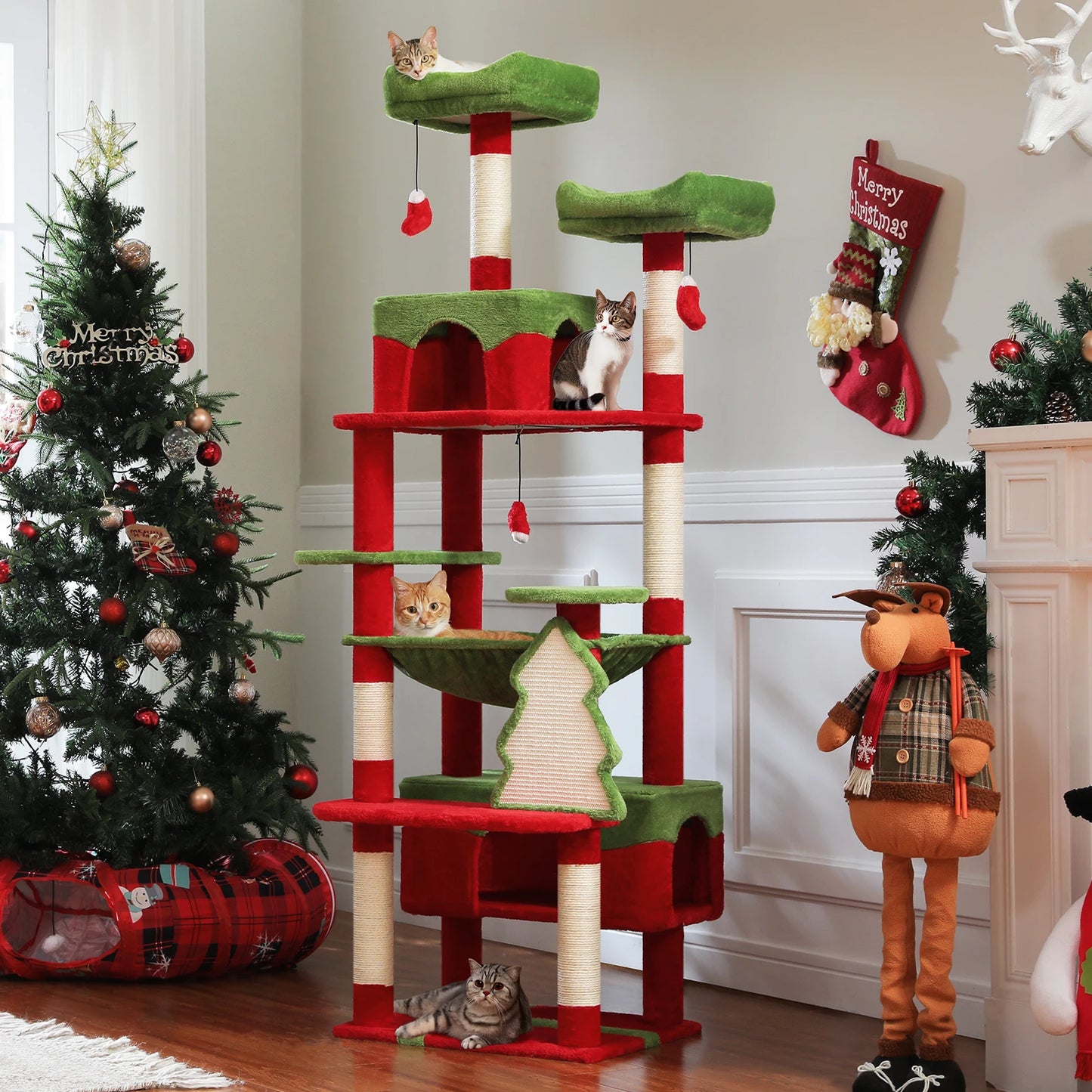 Christmas Cat Tree with Sisal Posts, Condo & Hammock - front view