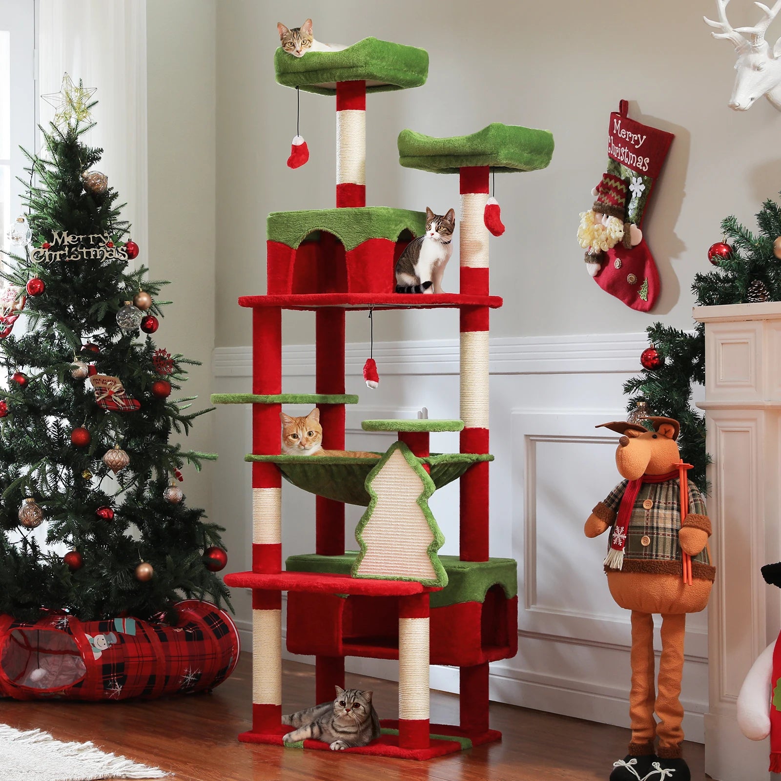Christmas Cat Tree with Sisal Posts, Condo & Hammock - front view