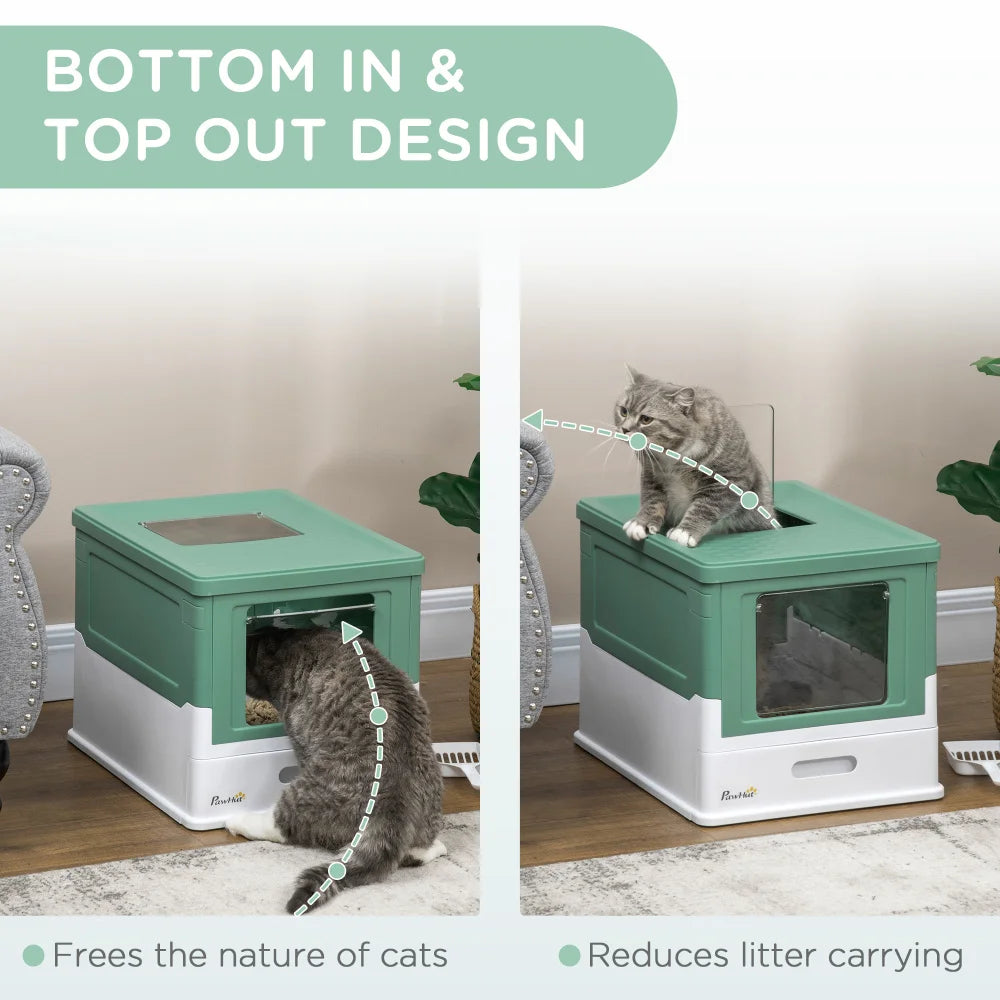 PawHut Fully Enclosed Cat Litter Box with Scoop, Hooded House with Drawer Tray, Foldable Smell - Proof Potty, Front Entry, Top Exit, Portable Pet Toilet, Large Space, Green