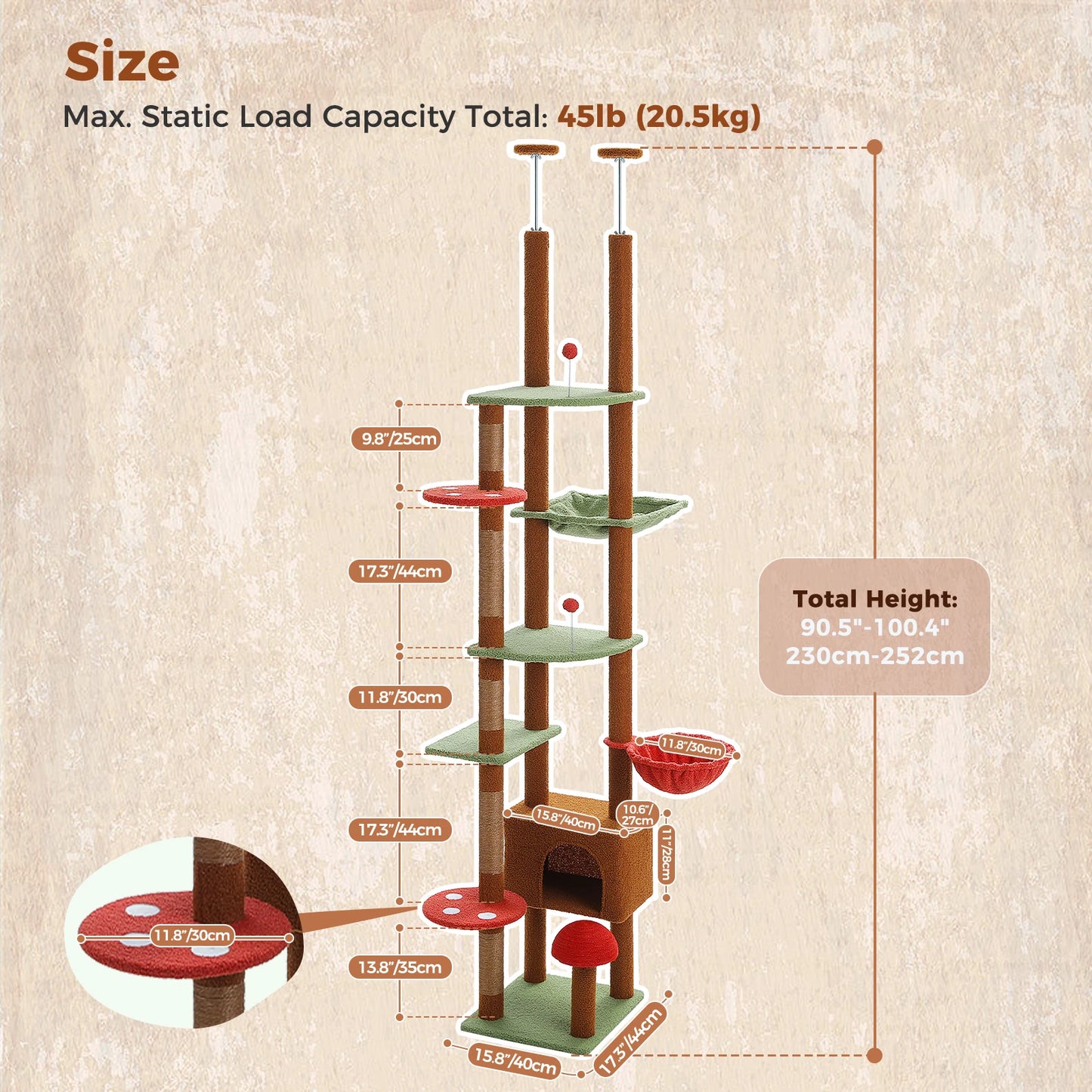 Floor-to-Ceiling Cat Tree with Hammock & Sisal Scratching Posts